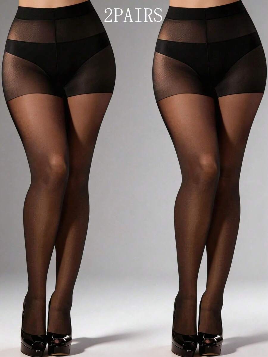 2 pares de meias-calças transparentes para mulheres - meias-calças pretas transparentes, meias confortáveis para vestidos, escritório e looks casuais - Preto - Visão 1