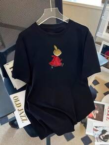 200g 100% Cotton T-Shirt, 2026 Women's Summer Fashion Letter Print Short Sleeve T-Shirt, Couple Style, Underwear/Outerwear, Office Casual Round Neck Short Sleeve Top - Black - View 1