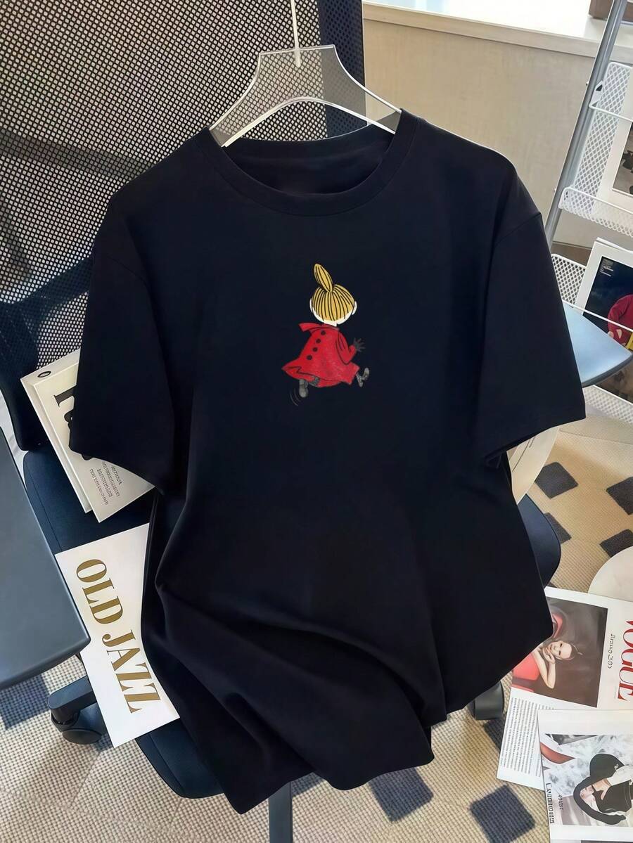 200g 100% Cotton T-Shirt, 2026 Women's Summer Fashion Letter Print Short Sleeve T-Shirt, Couple Style, Underwear/Outerwear, Office Casual Round Neck Short Sleeve Top - Black - View 1