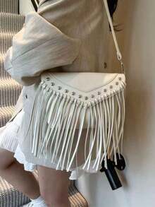 Retro Leather Crossbody Bag, Bohemian Shoulder Bag, Fringed Studded Cross-Body Square Bag, Casual Messenger Bag For Travel And Everyday Use, Portable Business Crossbody Bag, Small Clutch. - 白色 - 查看 6