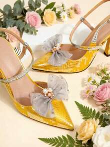 1 Pair Korean Style Gray Mesh Bow & Rhinestone Pearl Decorative Shoe Clips, Removable Shoe Accessories Suitable For Sandals And High Heels (Shoe Clips Only, Shoes Not Included) - Grey - View 4
