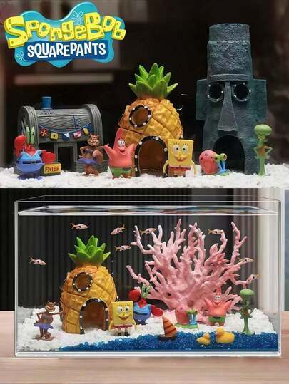SpongeBob SquarePants 1 pieza Conjunto de decoración de acuario con casa de piña de Bob Esponja, Conjunto de decoración de acuario de Bob Esponja, Ornamento de acuario, Conjunto de decoración de acuario con casa de piña de Bob Esponja, Decoración de paisaje de acuario, de larga duración, opción ideal para crear un ambiente de fiesta de vacaciones con amigos, decoración de fiesta (el producto prevalece sobre la imagen)