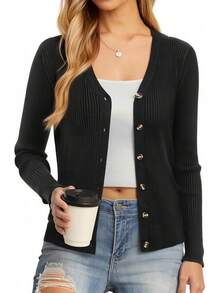 Women's Long Sleeve Button Up Cardigan Sweaters Ribbed Knit Open Front Casual - Black - View 7