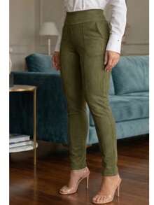 Atelie Kr Women's High-Waisted Riding Pants In Suede Skinny Style - 軍綠色 - 查看 5