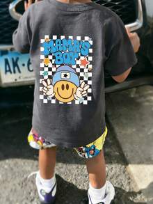 男童休闲印花圆领短袖T恤，夏季上衣 - 深灰色 - 查看 3