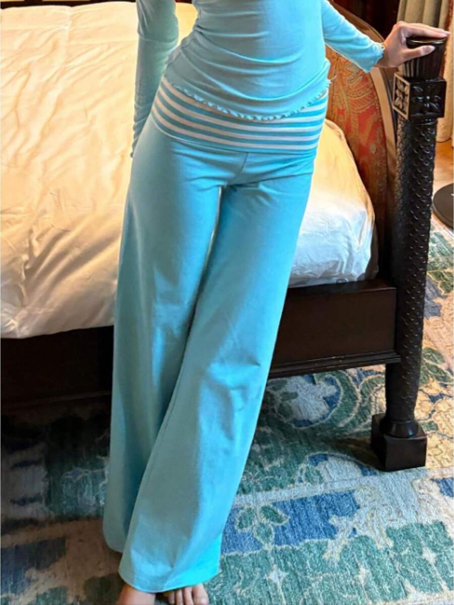 Womens Striped Summer Lounge Pants Matching Beach Vacation Travel Y2k - Màu xanh lam - Xem 1