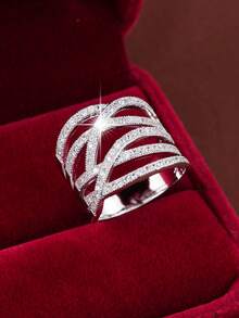 1 pieza Anillo de mujer con diseño geométrico de líneas intersectadas y con incrustaciones de circonita - Multicolor - Ver 12