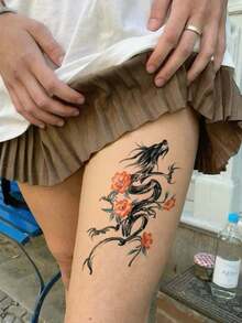 1 Sheet Big Size Body Art Temporary Tattoo Sticker, Unisex, Chinese Wind Dragon Plum Pattern, Waterproof Fake Tattoo, Lasting 2-5 Days, Can Be Attached To Arms, Wrists, Shoulders, Legs, Waist, Neck, Hands, Chest, Thighs, Fingers And Other Parts, Can Cover Scars, Suitable For Parties, Gifts, Vacations, Body Decoration And Other Occasions. - Multicolor - View 3