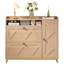 Shoe Cabinet With Hinged Lid, Double Hinged Lid Plus Side Cabinet, Top Open Compartment, Geometric Embossed Cabinet Door, Metal Frame, Xuanguan Locker, Large Capacity Shoe Rack - View 4