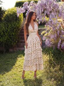 女士优雅粗肩带V领高腰A字露背系带鸡尾酒会迷你连衣裙 - 杏色 - 查看 3