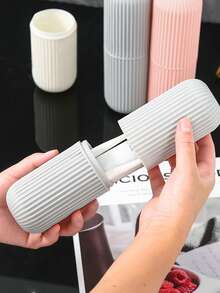 1 Piece All-In-One Travel Toothbrush Set - Portable Rinsing Cup And Toothpaste Holder, Suitable For Oral Hygiene Needs Anytime Anywhere, Solid Color Vertical Striped Travel Toothbrush Case With Toothbrush Holder, Covered Rinse Cup, Toothpaste And Toothbrush Storage Box, Mouthwash Cup, Suitable For Daily And Travel Use, Toothbrush Organizer, Portable Travel Toothbrush Cup, Suitable For Travel, Camping, Home, School And Business - MultiWarna - View 2