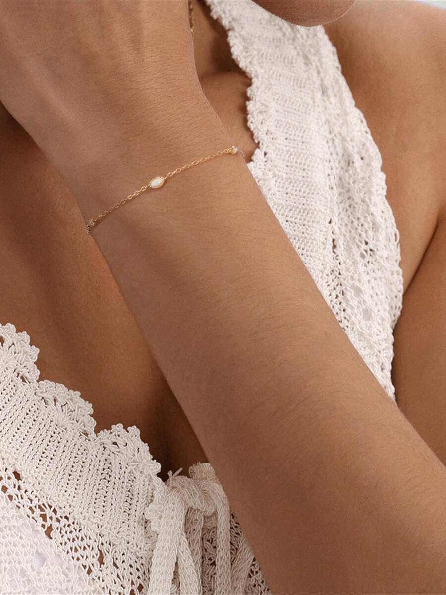 1 chiếc vòng tay thời trang tinh tế bằng bạc sterling 925 mạ vàng, đính đá opal hình bầu dục, có thể xếp chồng lên nhau, ít gây dị ứng, thích hợp cho nữ và bé gái đeo hàng ngày, quà tặng Ngày của Mẹ, quà cưới. - Vàng - Xem 1