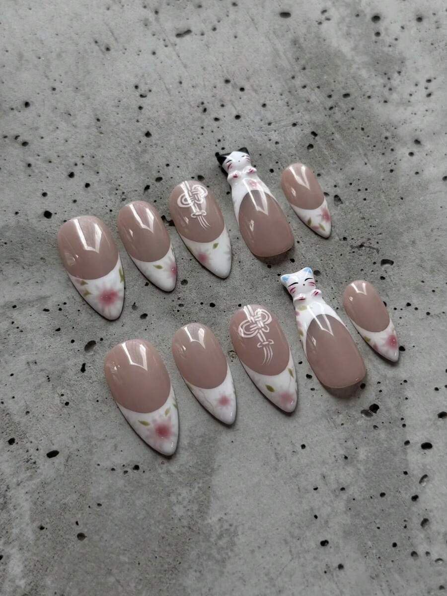 10片复古猫咪杏仁形3D立体法式猫咪美甲贴片，复古花卉美甲，可爱风，附带佩戴工具 - 彩色 - 查看 1
