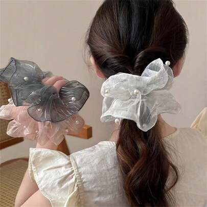 1pc Spring/Summer Faux Pearl & Mesh Striped Large Scrunchie, Ponytail Holder Hair Accessory, Elegant Bohemian Decor For Daily Wear