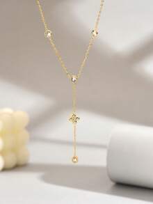 1 chiếc mặt dây chuyền hình giọt nước hoa bằng thép không gỉ đính 5 viên kim cương dành cho nữ, mạ vàng 18K, trang sức thời trang. - Vàng - Xem 4