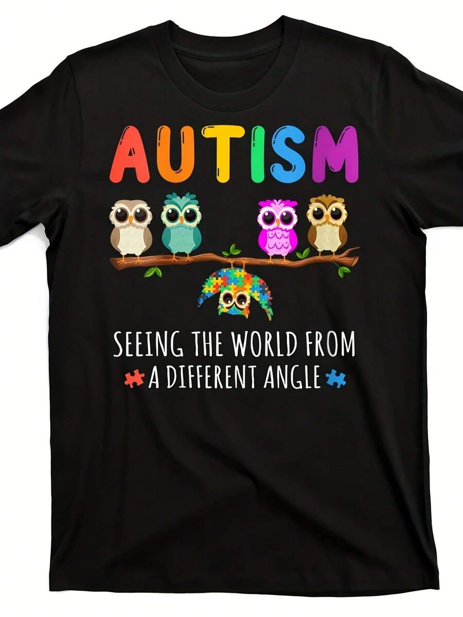 Autism Awareness T-Shirt - "Seeing The World From A Different Angle" Graphic With Colorful Owls & Puzzle Piece Design - 220gsm Heavyweight Pure Unisex Round Neck Tee For Men & Women - Neurodiversity Support Apparel - màu đen - Xem 1
