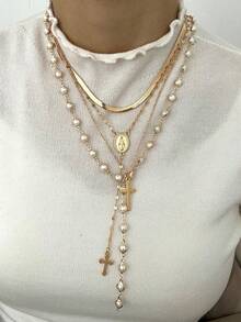 4pcs Y-Shaped Necklace Set - Elegant Vintage Geometric Faux Pearl Cross Embossed Texture Religious Element Snake Chain Tassel Pendant Necklace, Fashionable Minimalist Vintage Design, Suitable For Holidays, Parties, Dates, Gifts, Daily Wear - Multicolor - View 7