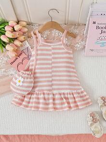 2pcs Baby Girl Vintage Pink Striped Spaghetti Strap Dress With Floral Decor Ruffle Hem & Adorable Bag Accessory Set - Pink - View 4