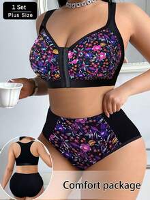 Plus Size Floral Print Front Closure Bra With Adjustable Straps & Panty Set - Black - View 2