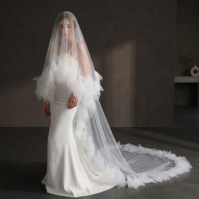 1pc Double-Layer Bridal Veil, Elegant & Romantic Face Covering, Suitable For Cathedral, Outdoor, Lawn Weddings, Fluffy Ruffle Edge, Bridal Headpiece With Hair Comb,Summer,Beach