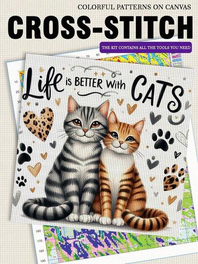 Bộ tranh thêu chữ thập không khung JOZYSH 1PC 40 * 40cm/15.7 * 15.7in, hình chú mèo nhỏ dễ thương, chất liệu 11CT/14CT, thích hợp cho người lớn mới bắt đầu thư giãn, lý tưởng để trang trí tường phòng ngủ và phòng khách. Bộ quà tặng bao gồm tranh in sẵn, kim, chỉ, bản vẽ và sách hướng dẫn.