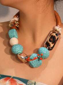 1pc Bohemian Style Necklace With Blue-Green Crackle Beads & Leopard Print Decor, Brown Braided Rope Necklace, Suitable For Women's Daily Wear - Multicolor - View 2