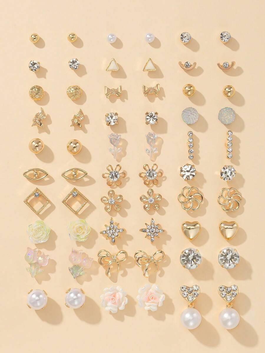 1 Set Of 60pcs Fashion Metal Butterfly Heart Rhinestone Moon Bow Flower Stud Earrings Set Holiday Gift Jewelry Women Can Wear Daily Multi-Piece Set - Yellow Gold - View 1