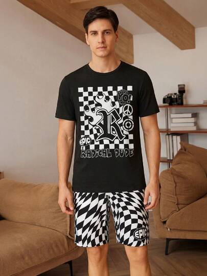 Men's Personalized Letter Print Pajama Set, Black & White Checkerboard Shorts & Short Sleeve, Funny Design For Casual Home Wear, Relaxing Experience, Suitable As Gift For Boyfriend