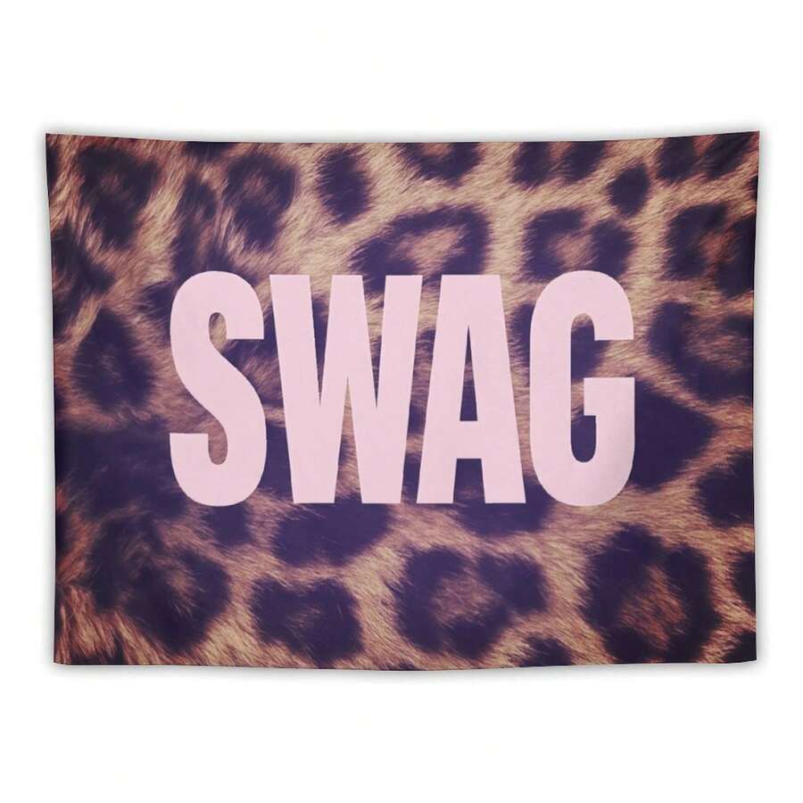 Leopard Print Pink SWAG Slogan Wall Tapestry, Y2K Street Style Wall Hanging For Bedroom Dorm, Perfect Gift For Teens & Streetwear Lovers - White 1pc - View 1