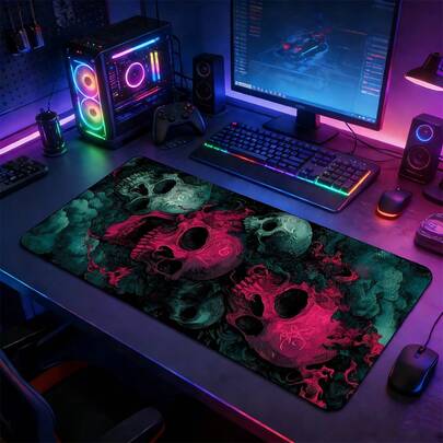 Neon Skull Collage XXL Extended Gaming Mouse Pad, Large Desk Mat With Non-Slip Rubber Base, Stitched Lock Edge Washable Desktop Pad, Suitable For Gaming Setup Home Office, Ideal Gift For Gamers & Gothic & Aesthetic Fans