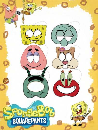 SpongeBob SquarePants SquarePants New DIY Half Face Mask Set For Themed Parties, Featuring SquarePants And Friends Styling Paper Masks (12 Pieces/Set) In Random Colors And Styles. Perfect Birthday Party Decoration And Photo Props, Small Gifts For Holiday Decoration, Christmas Family Gifts, Suitable For Party Decoration And Photography Props