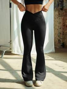 1条女士弹力交叉训练慢跑裤，纯色高腰喇叭裤，收腹不透设计，休闲交叉腰带长裤，四季皆宜，女装 - 黑色 - 查看 3