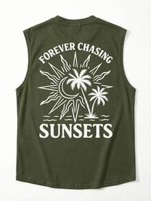 Fractyr Men's Casual Sports Outdoor Vest | Minimalist Palm Tree, Sun And Letter Print | Exquisite Design | Essential For Summer | Multifunctional And Easy To Wear | Perfect Gift For Friends | Showcase Unique Personalized - Army Green - View 6