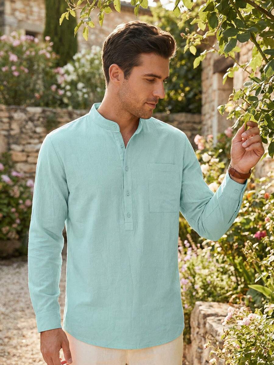男士亚麻休闲亨利领长袖衬衫，复古通勤风，夏季 - 薄荷綠 - 查看 1