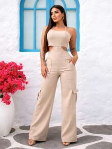 Premium Tailored Cargo Jumpsuit With Straps - Beige - View 3