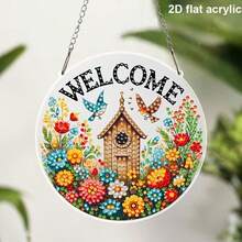 2D Flat Acrylic DIY Diamond Painting Kit, Home And Outdoor Welcome Sign Diamond Art Painting For Hanging, Featuring Bird, Cottage, Floral Patterns, Asymmetrical Shape Diamond Suncatchers, Suitable For Office, School, Club, Bar, Cafe, Library, Living Room, Bedroom, Garden, Porch, Garage Hanging Decor, Multipurpose Holiday And General Decoration, Suitable For Beginners And Adults, Perfect Gift For Friends And Family - A - View 9