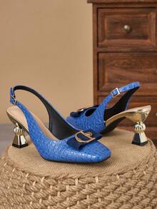 WHDXY 7cm Asymmetric Heel Open-Back High Heels For Women, Square Toe, Metal Buckle Decor, Elegant Dress Shoes Suitable For Commuting, Work, Dates And Parties - Blue - View 4