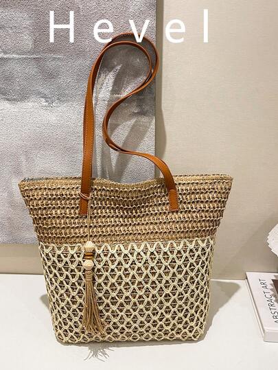 Hevel,Summer,1pc Fashionable Casual Vacation Style Straw Tote Bag, Large Capacity Contrast Color Women's Shoulder Handbag, Hollow Woven Design With Tassel Decor, Lightweight Foldable With Dual Handles, Women's Woven Beach Bag, Suitable For Vacation, Daily Commute, Shopping With Friends, Matches Well With Fashionable Outfits., Straw Bag,Handbags For Women,