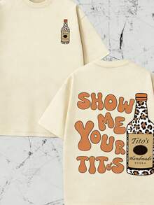 2026 Summer ShirtVintage Vintage Style, Tito's Vodka Enthusiast, Leopard Print Elements, SHOW ME YOU TITOS Humorous Text Memes, Washed Double-Sided Printed Vintage T-Shirt..…. Retro Loose T-Shirt, Men's Casual Style T-Shirt, Machine Washable And Washable Old T-Shirt; Cool Design Pattern T-Shirt, Durable And Comfortable Fabric, Street Fashion Sense, A Must-Have For Street Style Enthusiasts, Top-Level Sportswear, Suitable For Daily Commuting, Dating, Leisure Matching, Suitable For Holiday Gift Giving, The First Choice For Gift Giving. Loose And Comfortable Women's Tops - Apricot - View 3