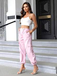 Women's Casual Fashion Street Drawstring Waist Flap Pocket Cargo Jogger Pants Pink - Pink - View 2