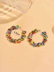 1 par de pendientes de aro tejidos a mano con cuentas de vidrio bohemias de colores, pendientes de estilo vacacional adecuados para uso diario casual, ir al trabajo, combinar con atuendos, citas, fiestas en la playa, compras y sesiones de fotos. El color de las cuentas es aleatorio. - vistoso - Ver 5