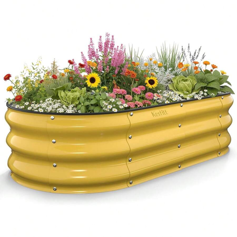 Kesfitt Raised Garden Bed, 4x2x1 FT Galvanized Steel Metal Raised Garden Bed, Oval Open-Bottom Design, 12-Inch Deep For Outdoor Vegetable & Herb Gardening, Forest Green - 乳黃色 - 查看 1