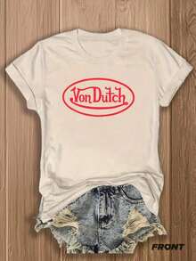 Graphic TeesDouble-Side S Women's Green Crew Neck T-Shirt Vintage Streetwear Style Van Dutch Logo And Dragon Graphic Print Short Sleeve Summer Breathable Tee Ideal For Daily Wear Family Gatherings Summer Trips And Festive Occasions100% Cottoncotton Top,Tops Women Summer,Everyday Outfits Women,Cute T Shirts - Apricot - View 2