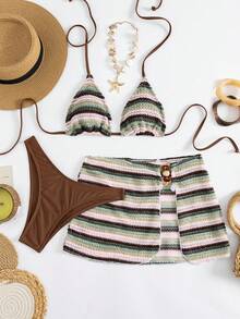 Bộ bikini ba mảnh kẻ sọc dệt kim 3D dành cho nữ – Áo buộc cổ, quần màu nâu và váy che phủ xẻ tà đính hạt, lý tưởng cho kỳ nghỉ hè trên bãi biển. - Nhiều màu - Xem 1