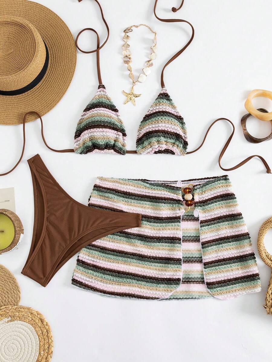 Bộ bikini ba mảnh kẻ sọc dệt kim 3D dành cho nữ – Áo buộc cổ, quần màu nâu và váy che phủ xẻ tà đính hạt, lý tưởng cho kỳ nghỉ hè trên bãi biển. - Nhiều màu - Xem 1