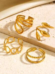 4 pezzi/5 pezzi Set di anelli in acciaio inossidabile placcato oro 18K con linee geometriche minimaliste ed eleganti e motivi a foglia ovale, adatti per uso quotidiano, festival, feste, shopping, appuntamenti, regalo di gioielli chic per le donne - Multicolore - Visualizzare 7
