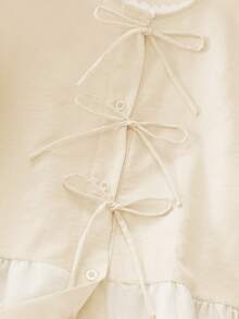 女士甜美蝴蝶结圆领七分袖高腰刺绣拼接衬衫，上衣，春季上衣，夏季上衣，度假款 - 米色 - 查看 5