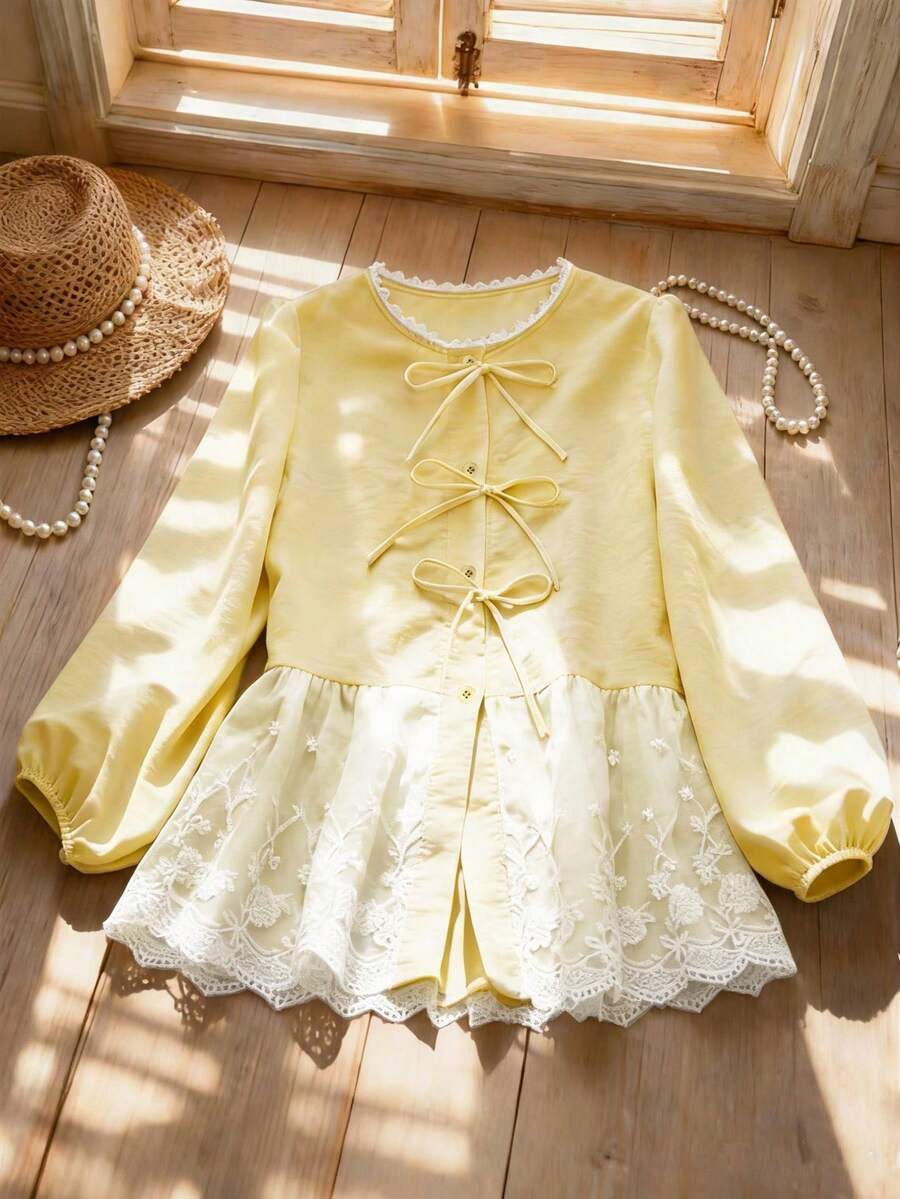 Women's Sweet Bowknot Round Neck 3/4 Sleeve High Waist Blouse With Embroidery Patchwork, Tops, Summer Tops Spring - Light Yellow - View 1