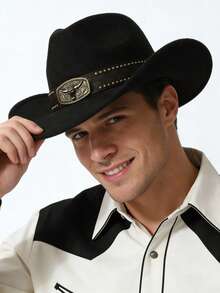 Retro Bull's Head Buckle Western Cowboy Hat - Men's And Women's Matching Wool Wide-Brimmed Hat - Sunshade Jazz Hat, Suitable For Parties, Western-Themed Events, Gatherings, Role-Playing, Graduation Ceremonies, Hiking Trips, Etc. - Golden Bull Top Hat - View 2