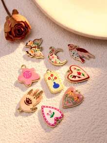 不对称复古蝴蝶、月亮、心形、花朵吊坠项链，手工双面油画吊坠，DIY珠宝礼物，送给妈妈、朋友或自己 - 彩色 - 查看 3